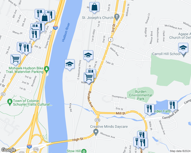 map of restaurants, bars, coffee shops, grocery stores, and more near 639 4th Street in Troy