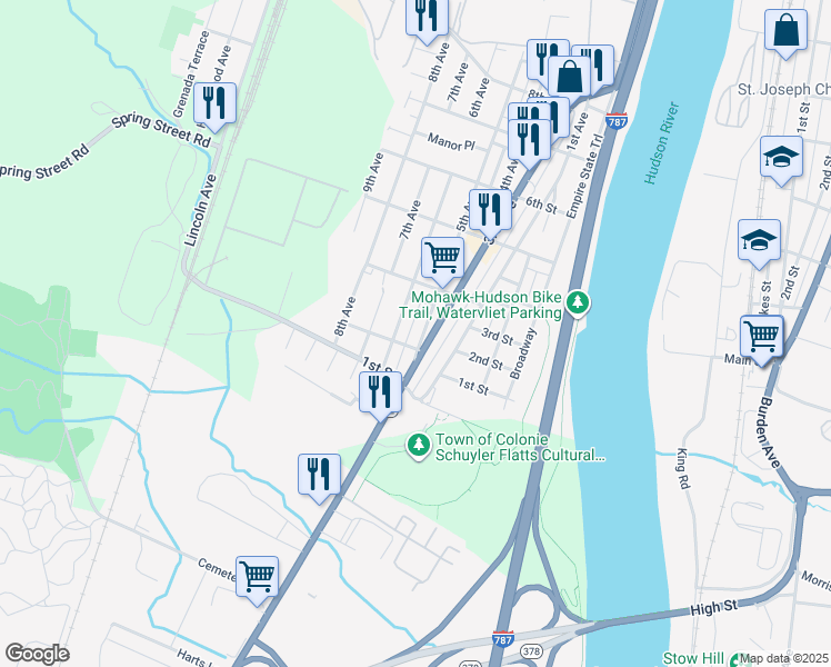 map of restaurants, bars, coffee shops, grocery stores, and more near 214 6th Avenue in Watervliet