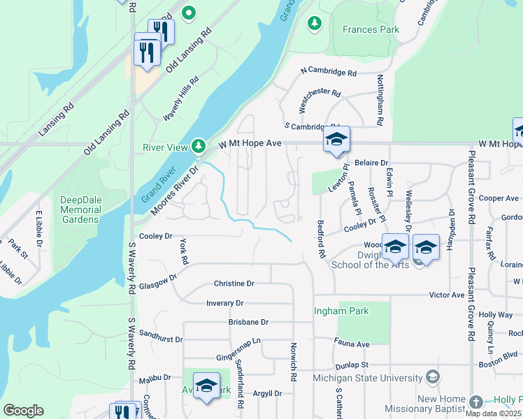 map of restaurants, bars, coffee shops, grocery stores, and more near 3407 West Mount Hope Avenue in Lansing