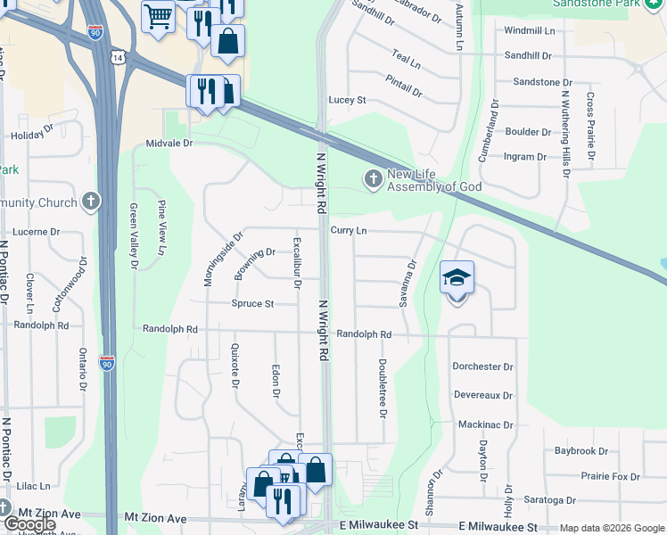 map of restaurants, bars, coffee shops, grocery stores, and more near 2225 North Wright Road in Janesville