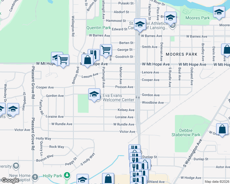 map of restaurants, bars, coffee shops, grocery stores, and more near 1411 Poxson Avenue in Lansing