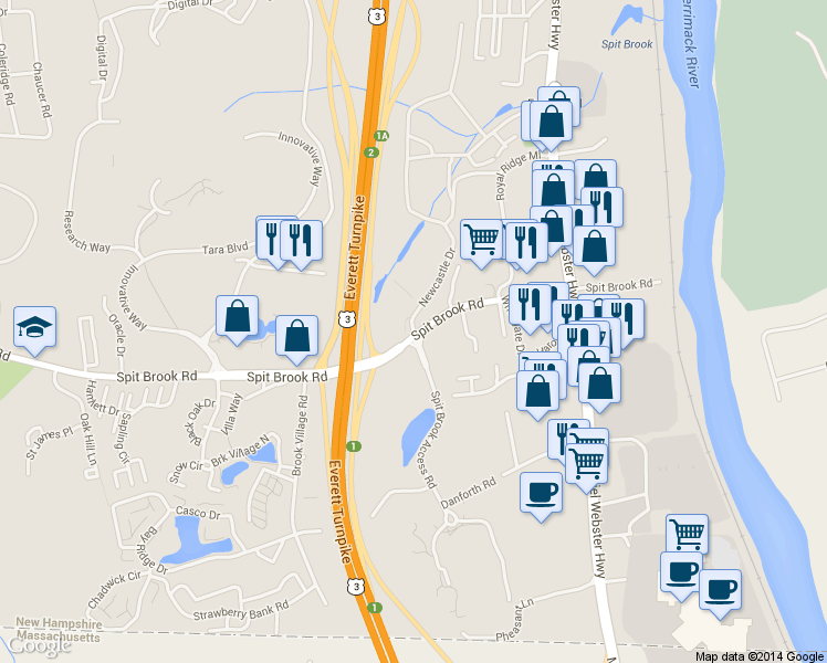 map of restaurants, bars, coffee shops, grocery stores, and more near 3 Newcastle Drive in Nashua
