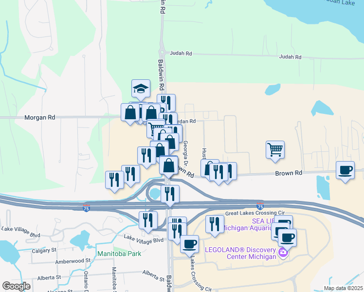 map of restaurants, bars, coffee shops, grocery stores, and more near 4884 Georgia Drive in Orion charter Township
