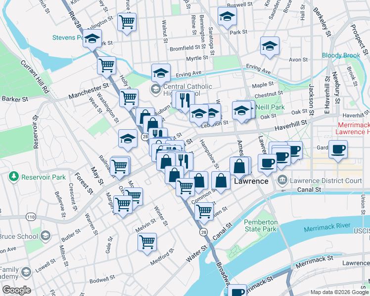 map of restaurants, bars, coffee shops, grocery stores, and more near 345 Haverhill Street in Lawrence