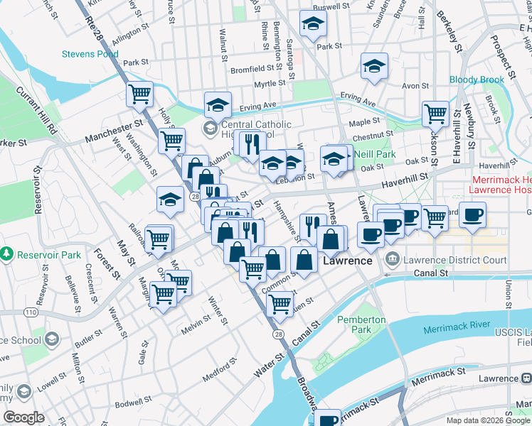 map of restaurants, bars, coffee shops, grocery stores, and more near 190 Hampshire Street in Lawrence