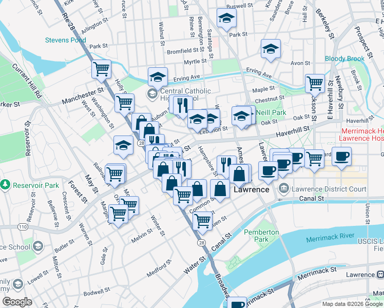map of restaurants, bars, coffee shops, grocery stores, and more near 190 Hampshire Street in Lawrence