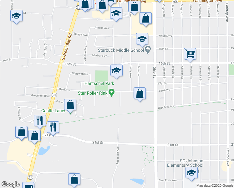 map of restaurants, bars, coffee shops, grocery stores, and more near 5107 Byrd Avenue in Racine