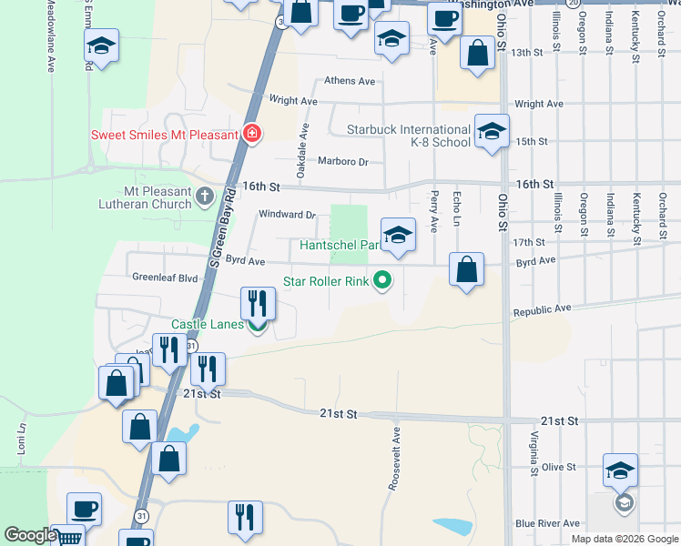 map of restaurants, bars, coffee shops, grocery stores, and more near 5311 Byrd Avenue in Racine