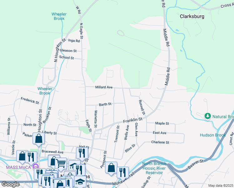 map of restaurants, bars, coffee shops, grocery stores, and more near 330 Wells Ave in North Adams