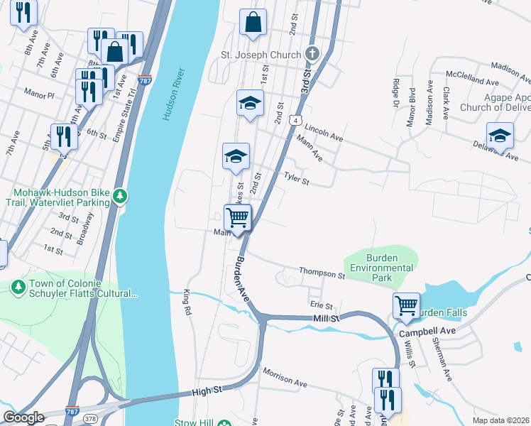map of restaurants, bars, coffee shops, grocery stores, and more near 639 4th Street in Troy