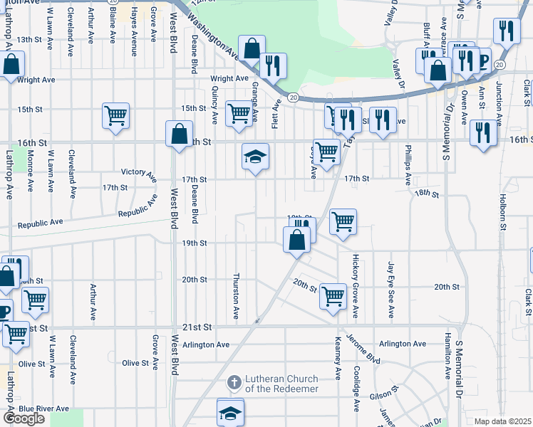 map of restaurants, bars, coffee shops, grocery stores, and more near 1731 Flett Avenue in Racine