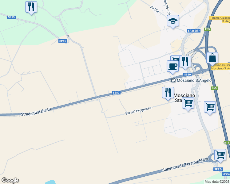 map of restaurants, bars, coffee shops, grocery stores, and more near 44 Strada Statale 80 in Mosciano Stazione