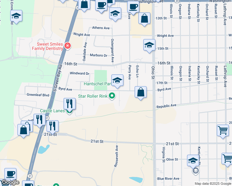 map of restaurants, bars, coffee shops, grocery stores, and more near 5107 Byrd Avenue in Racine