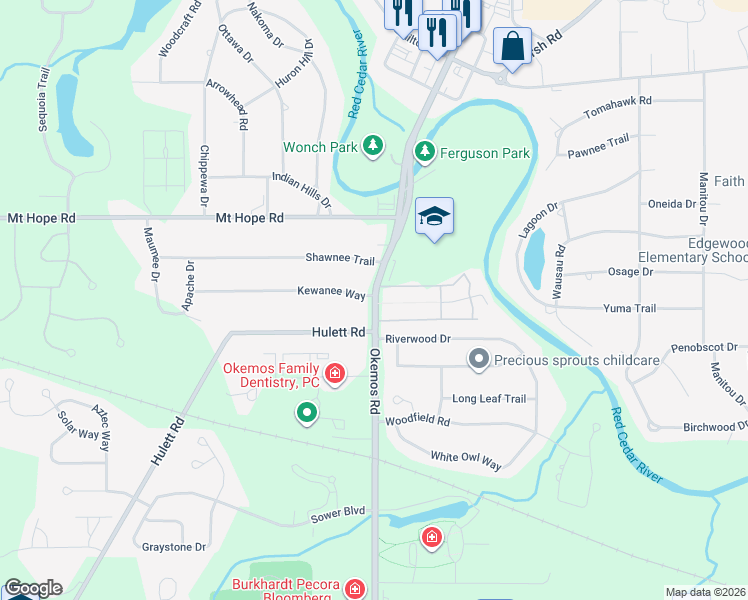 map of restaurants, bars, coffee shops, grocery stores, and more near 4396 Okemos Road in Meridian charter Township