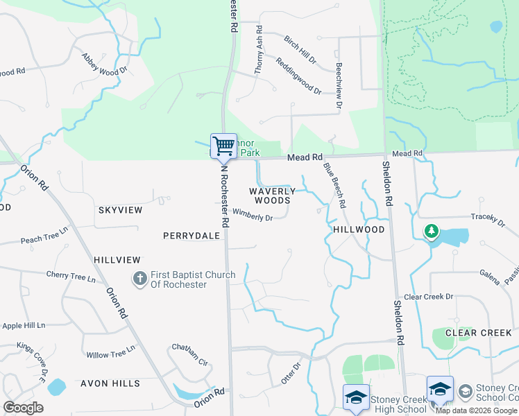 map of restaurants, bars, coffee shops, grocery stores, and more near 101 Wimberly Drive in Rochester Hills