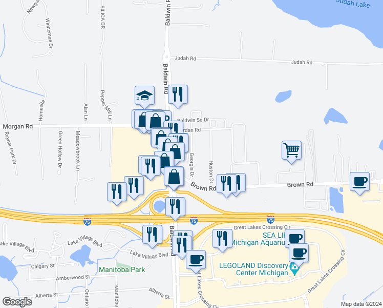 map of restaurants, bars, coffee shops, grocery stores, and more near 4873 Georgia Drive in Orion charter Township
