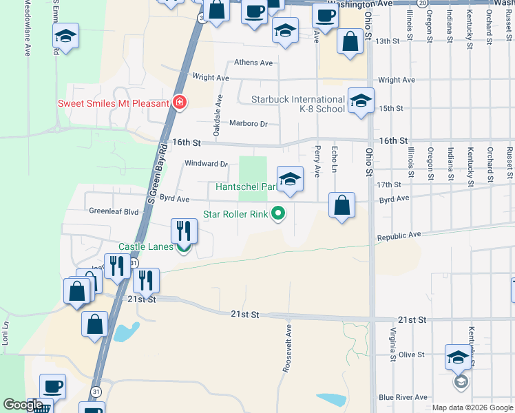 map of restaurants, bars, coffee shops, grocery stores, and more near 5311 Byrd Avenue in Racine
