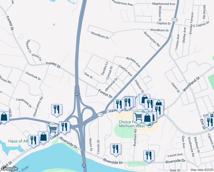 map of restaurants, bars, coffee shops, grocery stores, and more near 10 Church Street in Methuen