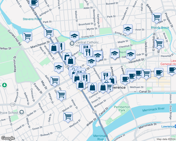 map of restaurants, bars, coffee shops, grocery stores, and more near 345 Haverhill Street in Lawrence