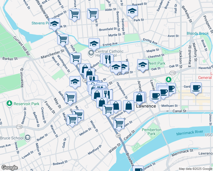 map of restaurants, bars, coffee shops, grocery stores, and more near 345 Haverhill Street in Lawrence
