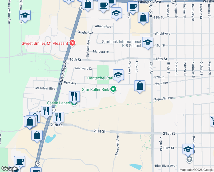 map of restaurants, bars, coffee shops, grocery stores, and more near 5311 Byrd Avenue in Racine