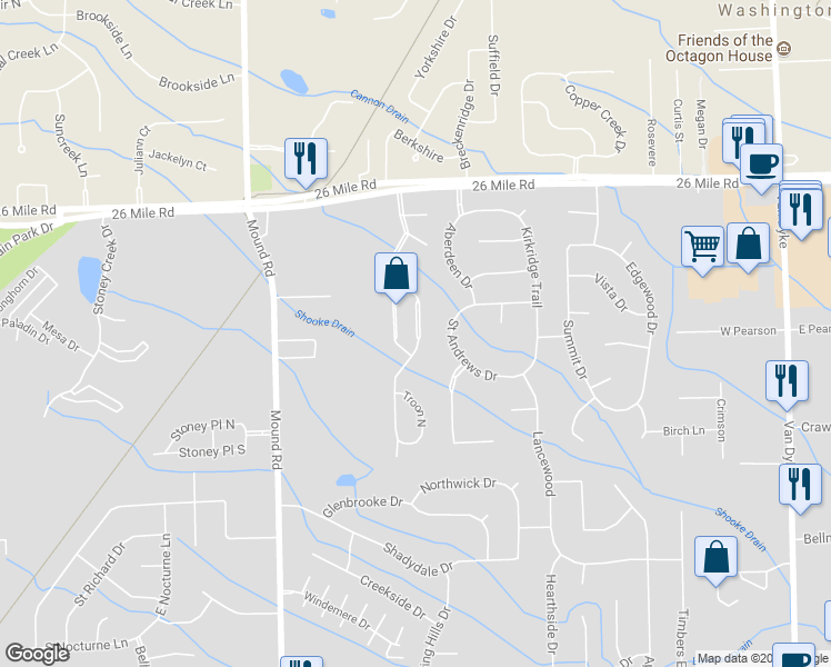map of restaurants, bars, coffee shops, grocery stores, and more near 56471 Chesapeake Trail in Shelby charter Township
