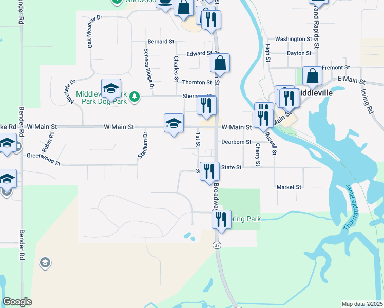 map of restaurants, bars, coffee shops, grocery stores, and more near 509 West Main Street in Middleville