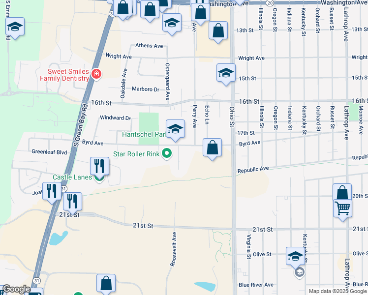 map of restaurants, bars, coffee shops, grocery stores, and more near 5021 Byrd Avenue in Racine