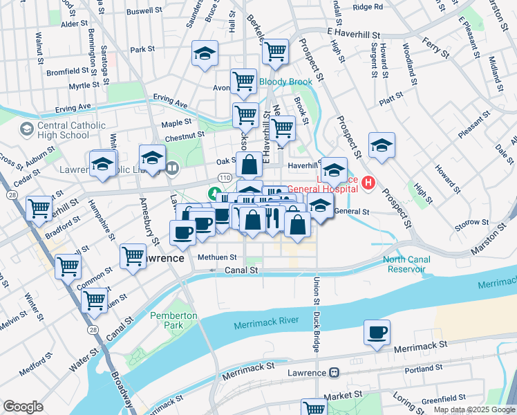 map of restaurants, bars, coffee shops, grocery stores, and more near 185 Garden Street in Lawrence
