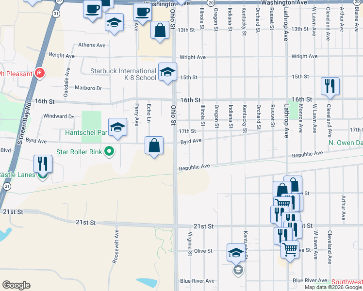 map of restaurants, bars, coffee shops, grocery stores, and more near 4615 Byrd Avenue in Racine
