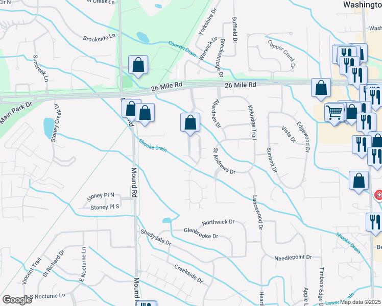 map of restaurants, bars, coffee shops, grocery stores, and more near 56480 Scotland Boulevard in Shelby charter Township