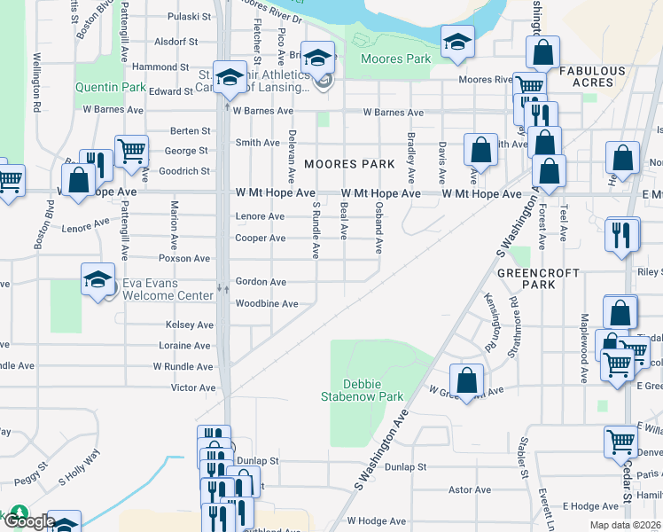 map of restaurants, bars, coffee shops, grocery stores, and more near 713 Poxson Ave in Lansing
