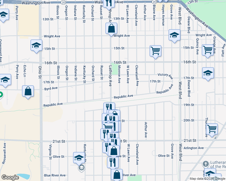 map of restaurants, bars, coffee shops, grocery stores, and more near 1731 Lathrop Avenue in Racine