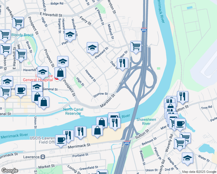 map of restaurants, bars, coffee shops, grocery stores, and more near 3 Woodland Street in Lawrence