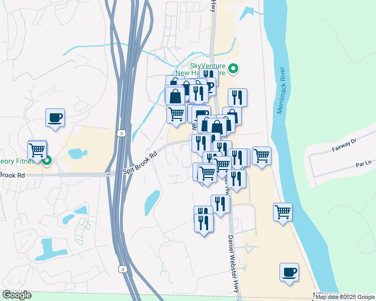 map of restaurants, bars, coffee shops, grocery stores, and more near 33 Spit Brook Road in Nashua