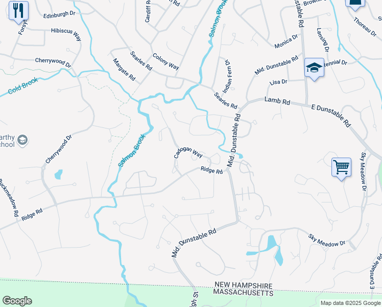 map of restaurants, bars, coffee shops, grocery stores, and more near 42 Cadogan Way in Nashua