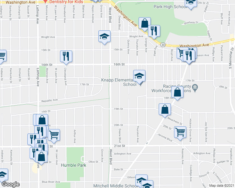 map of restaurants, bars, coffee shops, grocery stores, and more near 1735 Deane Boulevard in Racine