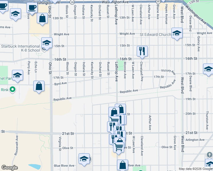 map of restaurants, bars, coffee shops, grocery stores, and more near 1723 Orchard Street in Racine