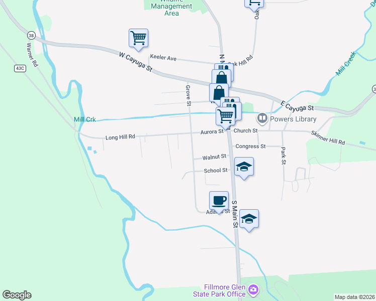 map of restaurants, bars, coffee shops, grocery stores, and more near 50 Grove St in Moravia