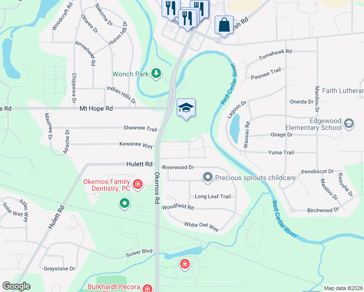 map of restaurants, bars, coffee shops, grocery stores, and more near 4394 Okemos Road in Okemos