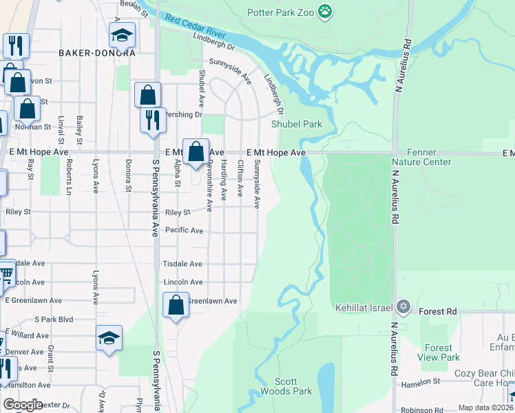 map of restaurants, bars, coffee shops, grocery stores, and more near 2005 Riley Street in Lansing