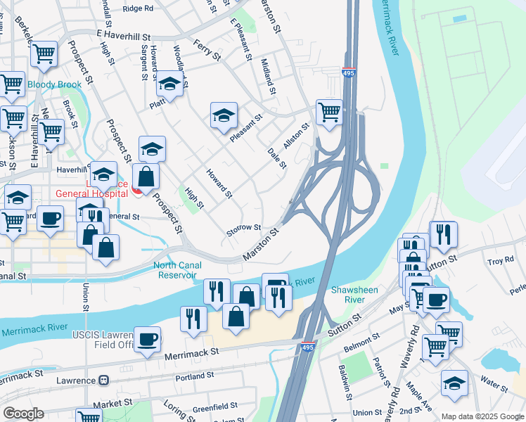 map of restaurants, bars, coffee shops, grocery stores, and more near 3 Woodland Street in Lawrence