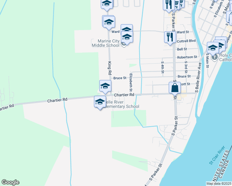 map of restaurants, bars, coffee shops, grocery stores, and more near 1388 Chartier Road in Marine City
