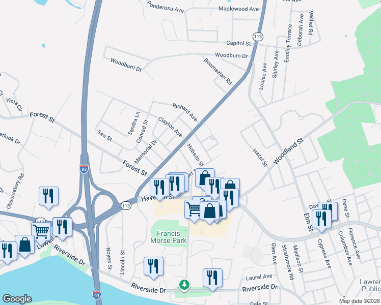 map of restaurants, bars, coffee shops, grocery stores, and more near 32 Hobson Street in Methuen