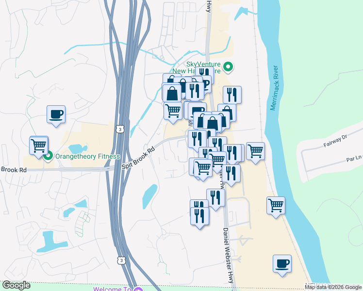 map of restaurants, bars, coffee shops, grocery stores, and more near 33 Spit Brook Road in Nashua