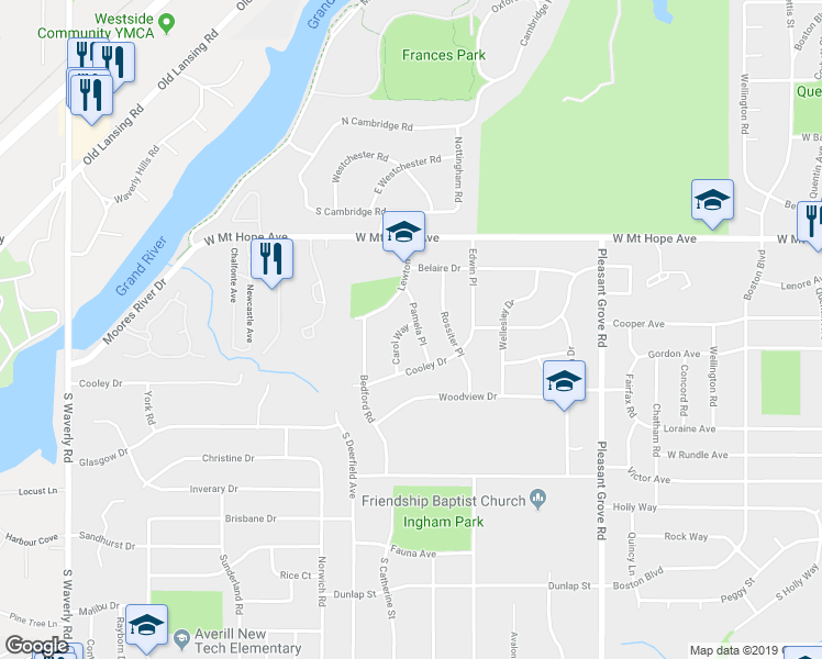 map of restaurants, bars, coffee shops, grocery stores, and more near 2201 Carol Way in Lansing