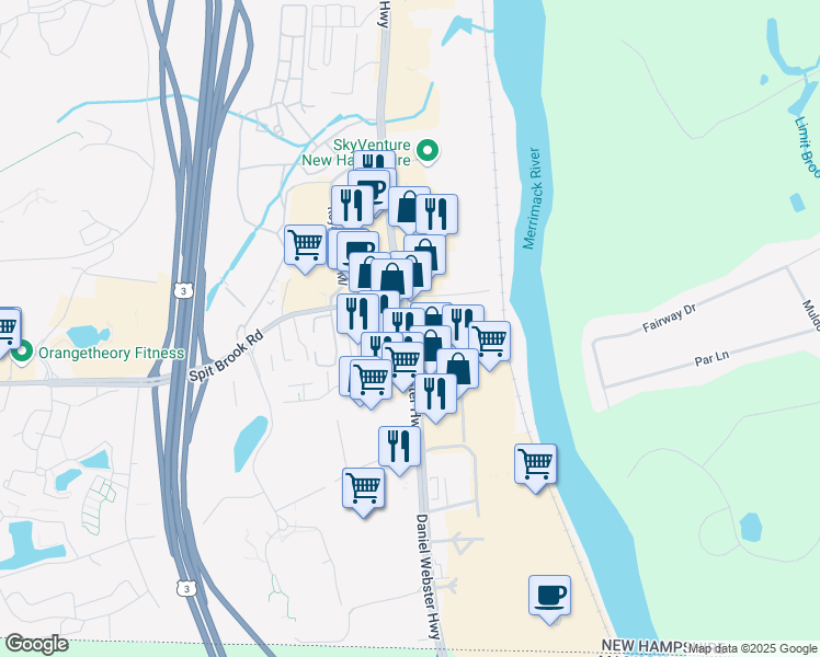 map of restaurants, bars, coffee shops, grocery stores, and more near 246 Daniel Webster Highway in Nashua