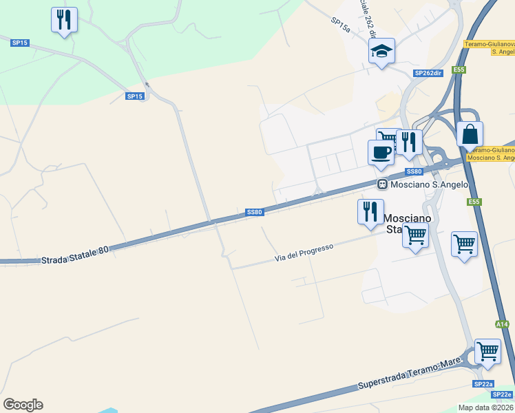 map of restaurants, bars, coffee shops, grocery stores, and more near 44 SS80 in Mosciano Stazione
