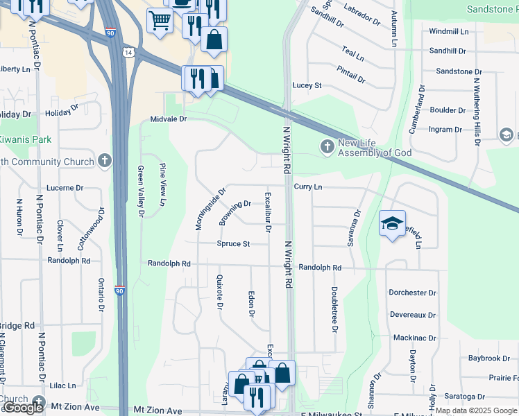 map of restaurants, bars, coffee shops, grocery stores, and more near 2410 Browning Drive in Janesville