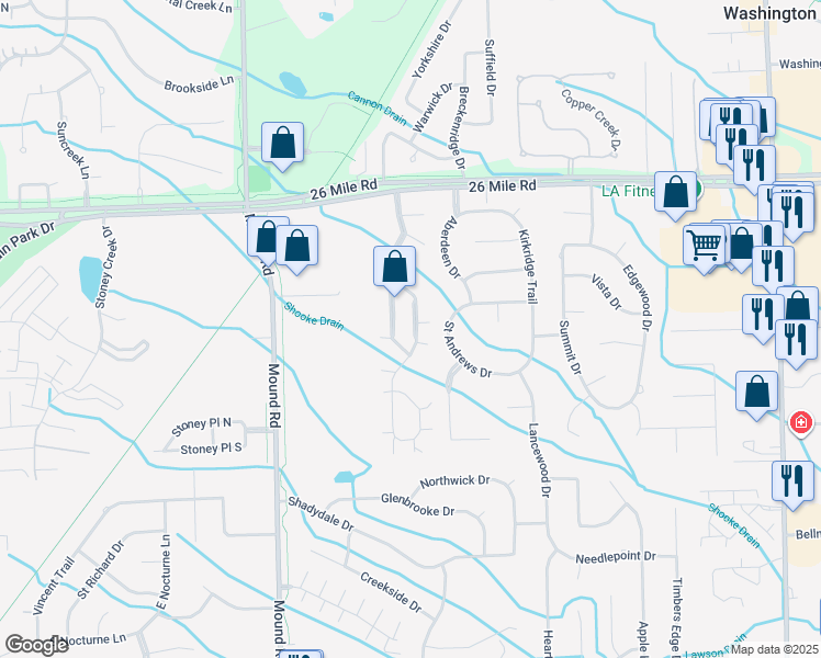 map of restaurants, bars, coffee shops, grocery stores, and more near 56496 Chesapeake Trail in Macomb County